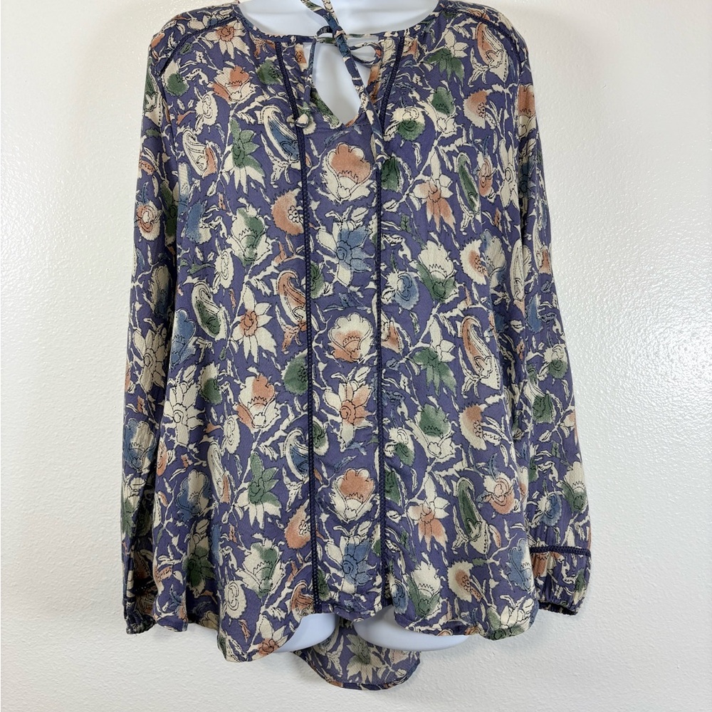 Lucky Brand Floral Boho Peasant Blouse Long Sleeve Multi Colored SzL Cottagecore